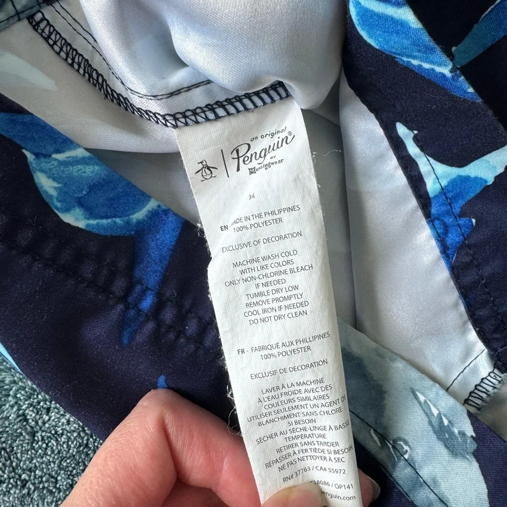 Original Penguin Men's Swim Trunks Shorts Blue Sharks Size 34 Lined Pockets